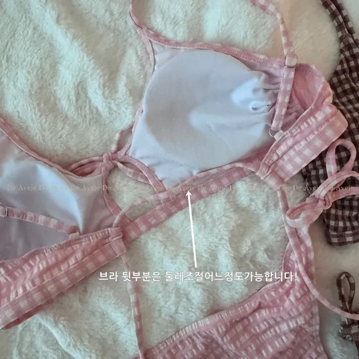 체크 비키니 리본 트임 끈 핑크 브라운 2color 듀플린 상세 이미지 16