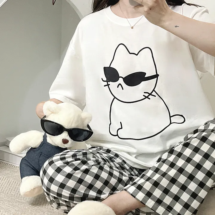 🖤[당일출고/남녀공용]🖤 고양이 캣 잠옷 파자마 상하세트 체크바지 빅사이즈 박시핏 루즈핏 오버핏 박시티 반팔 티 티셔츠 여름 면티 커플티 커플룩 커플티셔츠 커플잠옷 순면 상세 이미지 2