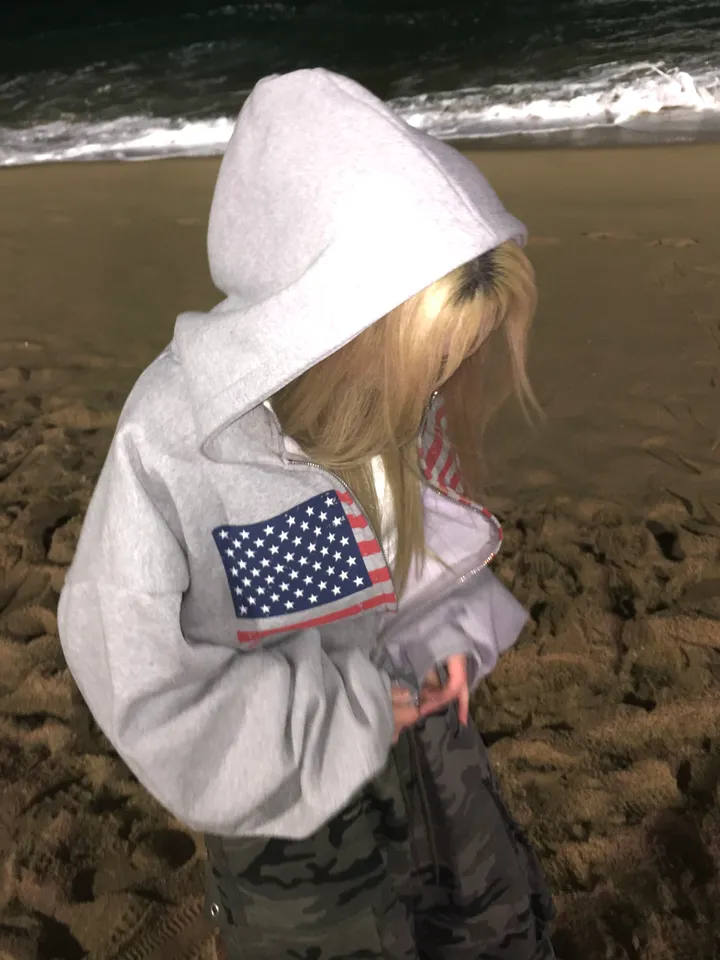 (기모ver) American flags cropped hooded zip-up [2color] 상세 이미지 12