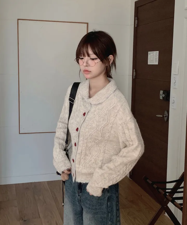 [MD추천✨러블리] 우토 하트 단추 카라 배색 니트 가디건 봄 가을 / 니트가디건 가디건 봄가디건 아우터 바람막이 청자켓 뮤잉 상세 이미지 21