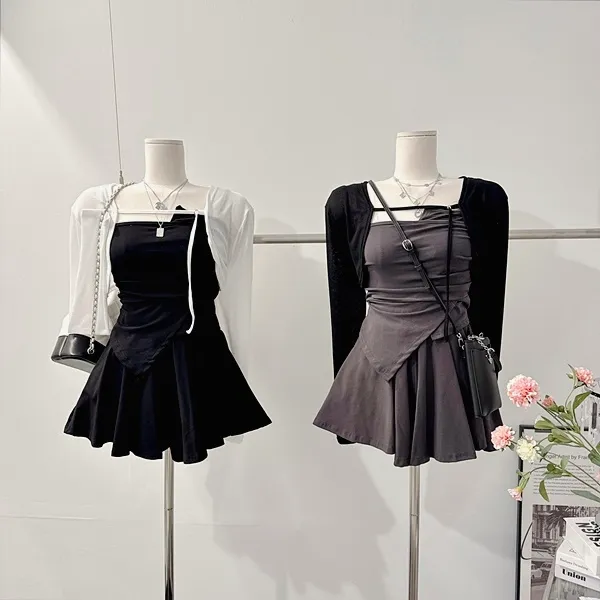 ❤️최저가❤️ *3pc [세트가격!/하이틴!] 펜시 스트랩 셔링나시 언발 사선 튜브탑 크롭나시 긴팔 크롭가디건 니트가디건 볼레로가디건 밴딩 A라인 플레어 미니스커트 여름투피스 세트 상세 이미지 31