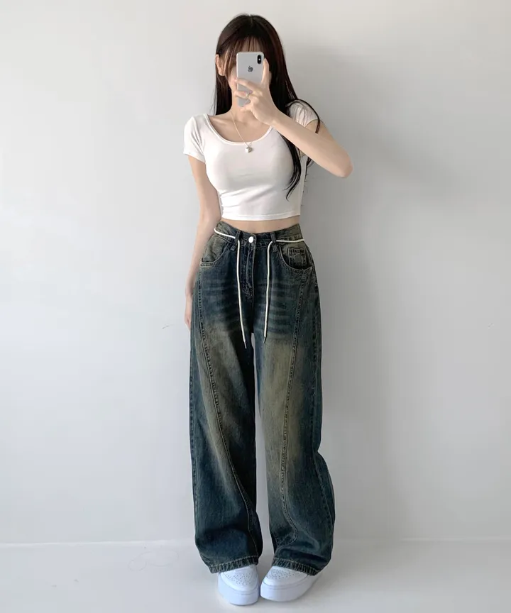 [색감깡패🖤/끈탈부착O] 미드나잇 뒷밴딩 스트링 스트랩 하이웨스트 절개라인 빈티지 워싱 롱 와이드 데님 팬츠 밴딩바지 청바지 사계절청바지 상세 이미지 16