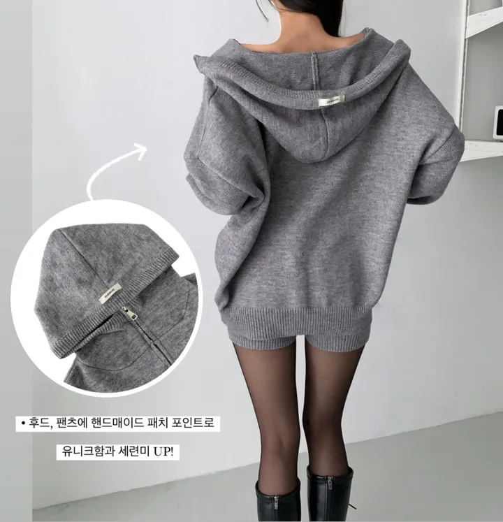 ✔️고퀄단독제작✔️[심쿵뒷태!/꾸안꾸🕶] 패치 루즈핏 하프 후드집업 니트 숏팬츠 반바지 세트 셋업 투피스 하의실종 상세 이미지 6
