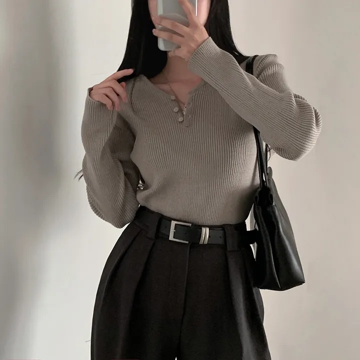 [4계절필수 디자인/연그레이 당일출고✨] 자체제작 #크치Made 젤리 버튼 트임 브이넥 골지 겨울 니트 긴팔티셔츠 - nt 상세 이미지 167