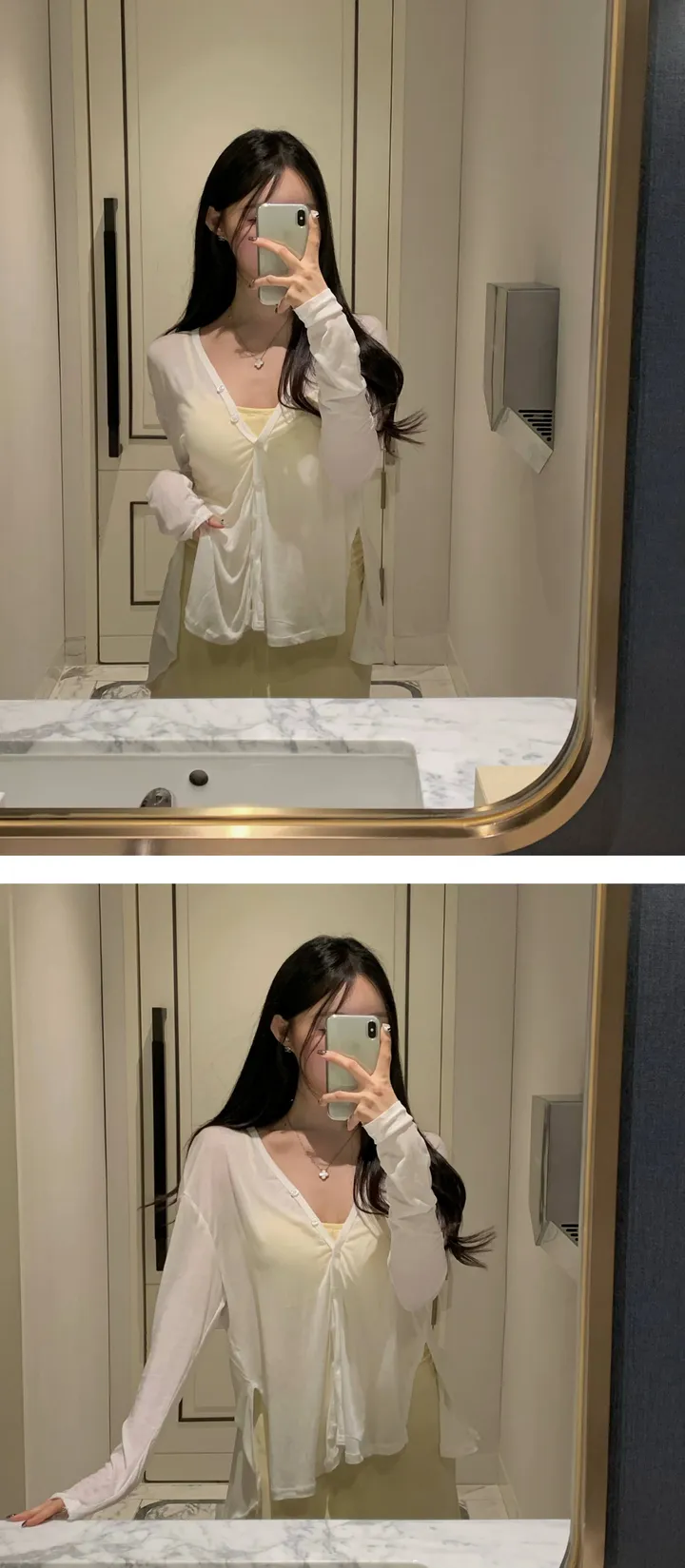 공항SET✈️[원피스+가디건세트] 캡내장⭕ 쫀쫀 스판 셔링 이너 맥시 끈 나시 롱원피스 커버업 여리 리본 백 트임 롱 언발 시스루 가디건 세트 원피스세트 상세 이미지 12