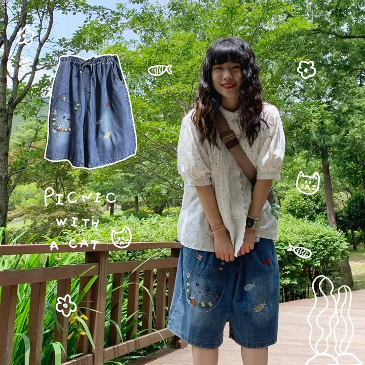 Picnic With A Cat 고양이와 물고기 친구들 자수 버뮤다 반바지 상세 이미지 10