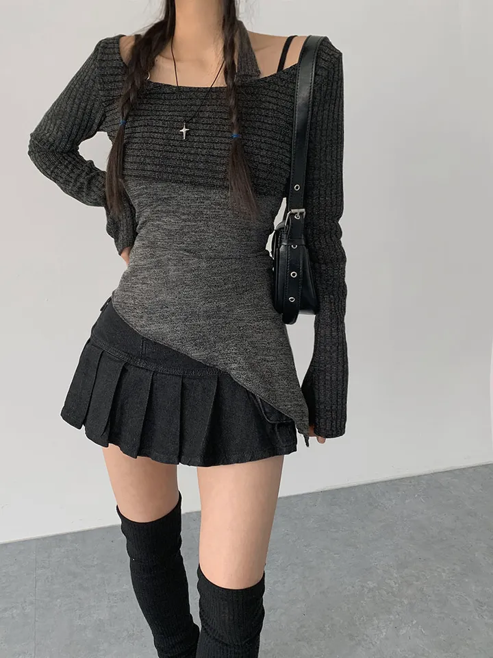 [레이어드세트/몸매보정핏! 뒷모습도완벽🖤 슬림핏 홀터나시 긴팔크롭티 레이어드세트] 리엘사선홀터나시SET 상세 이미지 8