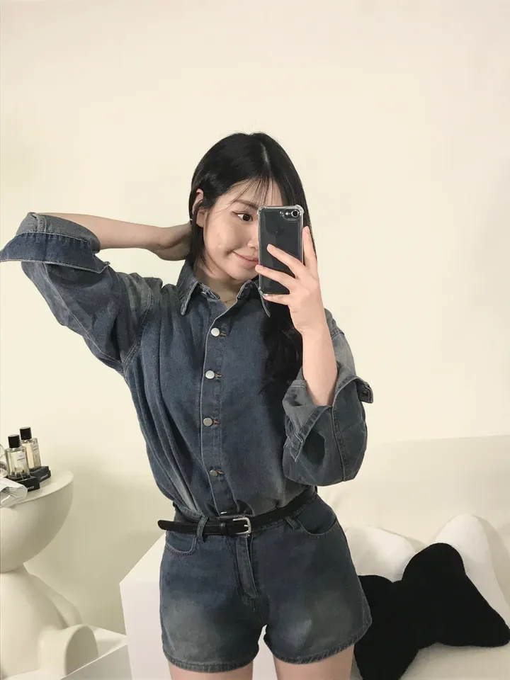 [S,M] 데님 워싱 루즈핏 셔츠+반바지 set 상세 이미지 9