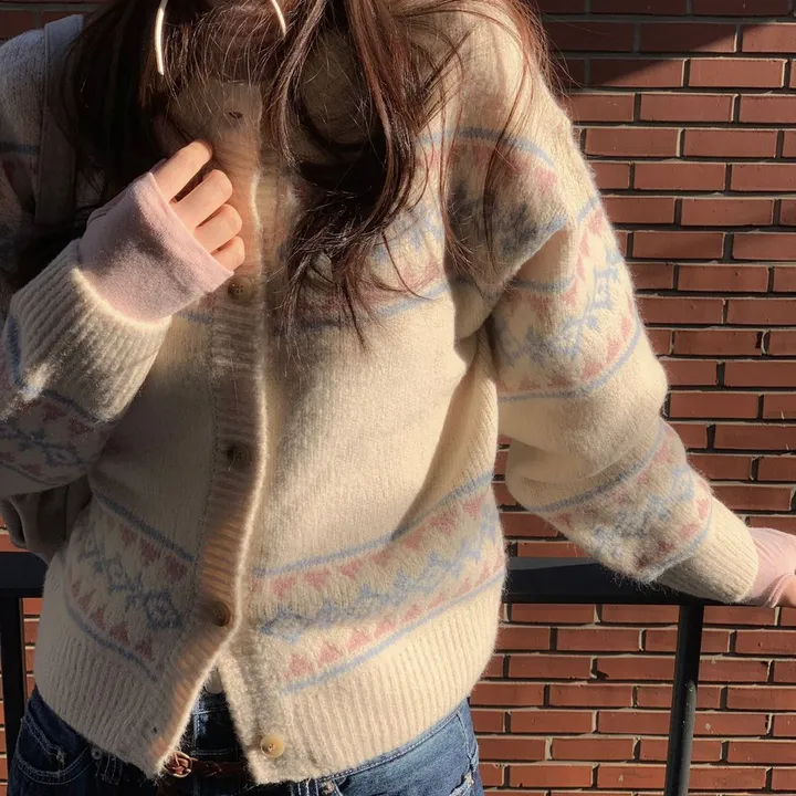 [연말룩❄부드러워요💭]키츠 윈터 노르딕 자가드 파스텔 루즈핏 니트 가디건 2color 상세 이미지 28