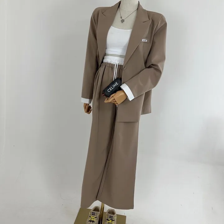 [25SS/*고퀄*/강추코디/하객룩/오피스룩/세트가격💕] 루즈핏 소매 레이어드 배색 미니패치 패드 베이직 자켓 + 하이 배색 밴딩 롱 슬랙스 와이드 팬츠 SET셋업(3COLOR) 상세 이미지 9