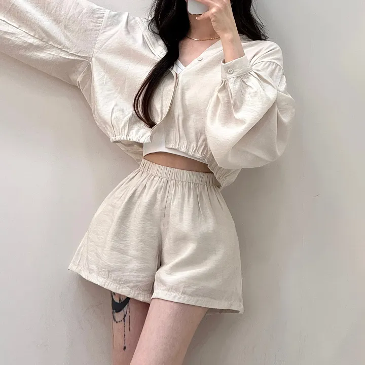 [한여름까지!/살안타템] 벌룬 끝판왕! 린넨 아방핏 크롭 밴딩 셔츠 후드 집업+실키 하이웨스트 3부 숏팬츠 반바지 투피스 세트 5color 상세 이미지 15