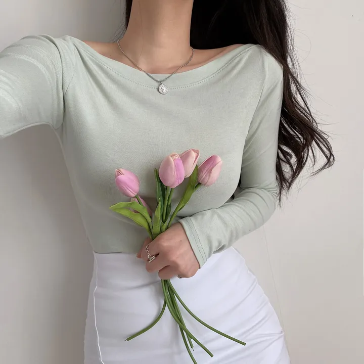 [찰랑~여리~/오프숄더O] 보트넥 입술넥 오프숄더 슬림 여리여리한 페미닌 긴팔 티셔츠 상세 이미지 20