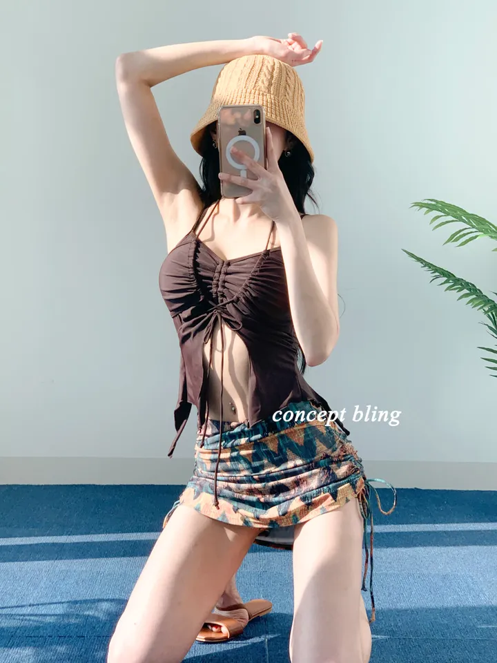 *고퀄* 히피 2pcs 비키니 홀터넥 리본 뱃살커버 스커트 포함 스트링 수영복 컨셉블링 상세 이미지 9
