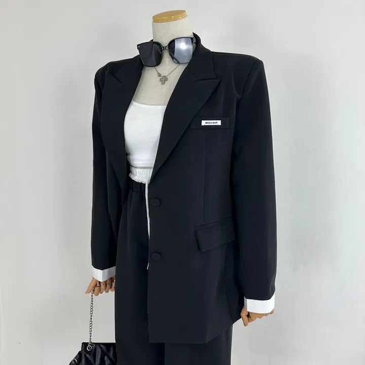 [25SS/*고퀄*/강추코디/하객룩/오피스룩/세트가격💕] 루즈핏 소매 레이어드 배색 미니패치 패드 베이직 자켓 + 하이 배색 밴딩 롱 슬랙스 와이드 팬츠 SET셋업(3COLOR) 상세 이미지 29