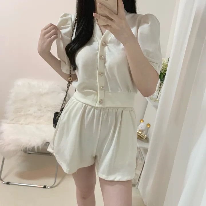 [세트가격/러블리*.*] 하트 퍼프 반팔 루즈핏 크롭 가디건 + 밴딩 와이드 숏 반바지 투피스 세트 3color 상세 이미지 9
