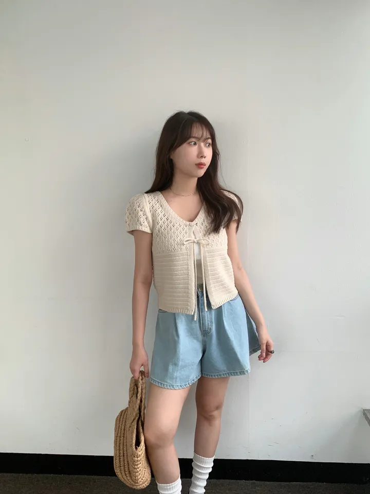 멜라운지 콤비 하프 가디건 mellounge 2col 반팔 여름 리본 펀칭 레이어드 러블리 상세 이미지 15