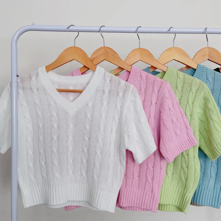 (6color/최저가 보장!) 실물보장! 색감에 반한, 마카롱 꽈배기 브이넥 크롭 반팔 니트 상세 이미지 38