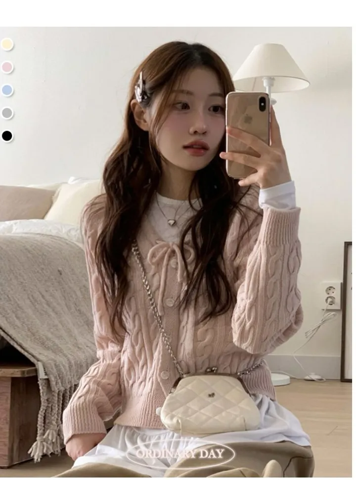[리본스트랩ෆ]레이플 무드 루즈 여리핏 꽈배기 케이블 니트 리본 가디건 5color 상세 이미지 17