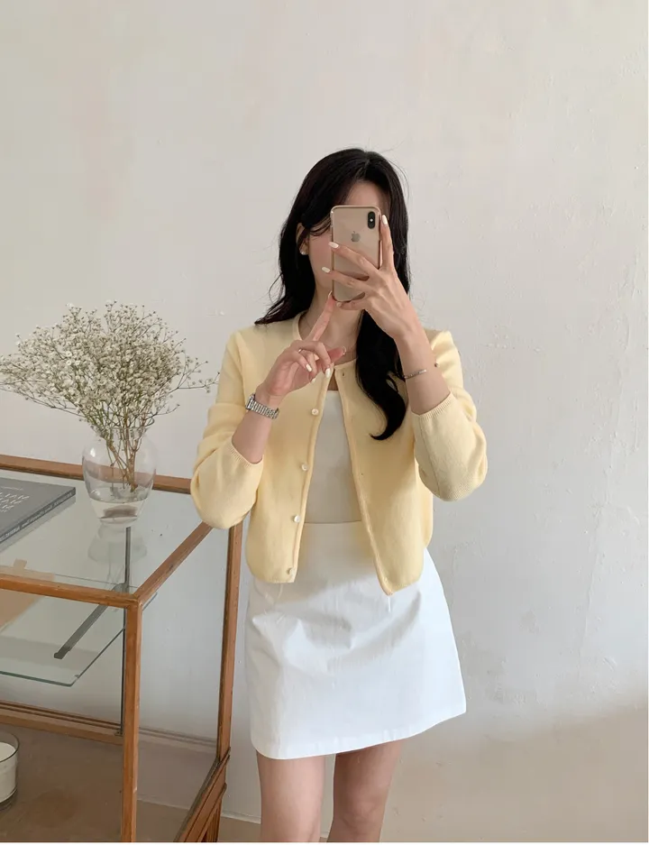 [봄신상/페미닌] 치즈 라운드니트가디건 4color 울 크롭 베이직 핑크 회색하늘색노란색 벚꽃 레이어드 상세 이미지 15
