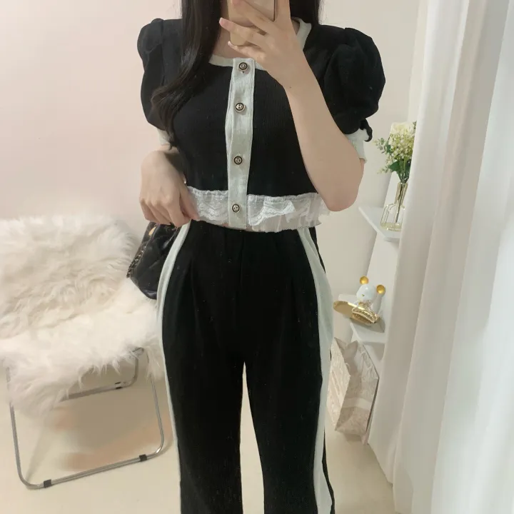 [세트/핏대박*.*] 세렌디 퍼프 스퀘어넥 반팔 크롭 배색 레이스 가디건 + 밴딩 롱 핀턱 와이드 팬츠 투피스 세트 2color 상세 이미지 19