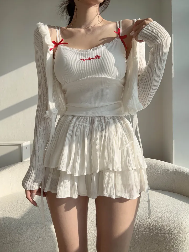 【핏보장-!】 여리여리 스트랩 끈 롱슬리브 프릴 꽈배기 부클 가디건 상세 이미지 30