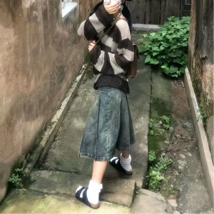 미디 기장 빈티지 워싱 플리츠 데님 스커트 상세 이미지 2