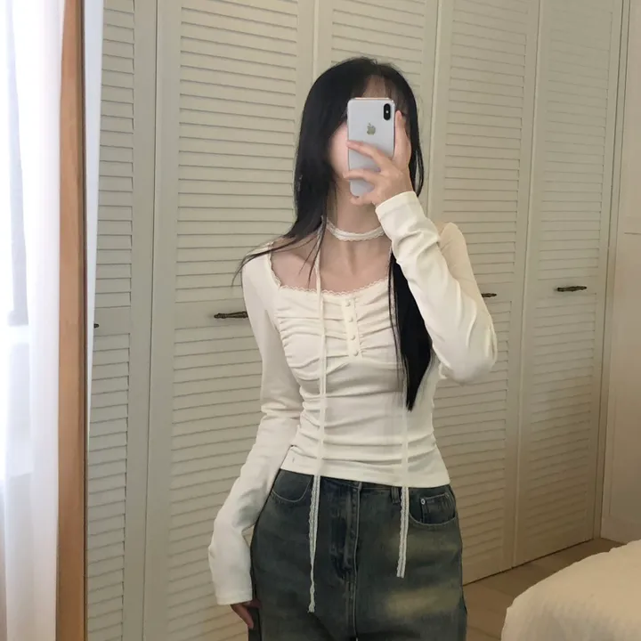[저렴이X초커세트!핏보장🤎]셔링 스퀘어넥 콩단추 스판 긴팔티셔츠 4color 상세 이미지 18