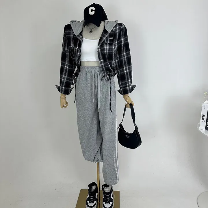 [패드내장/데일리/캐주얼/코디추천템] 크롭 체크 후드 배색 패치 스트링 셔츠 남방 상세 이미지 4