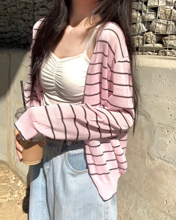 🍓크림딸기 스트라이프 단가라 여름 시스루 가디건 -4col 상세 이미지 7