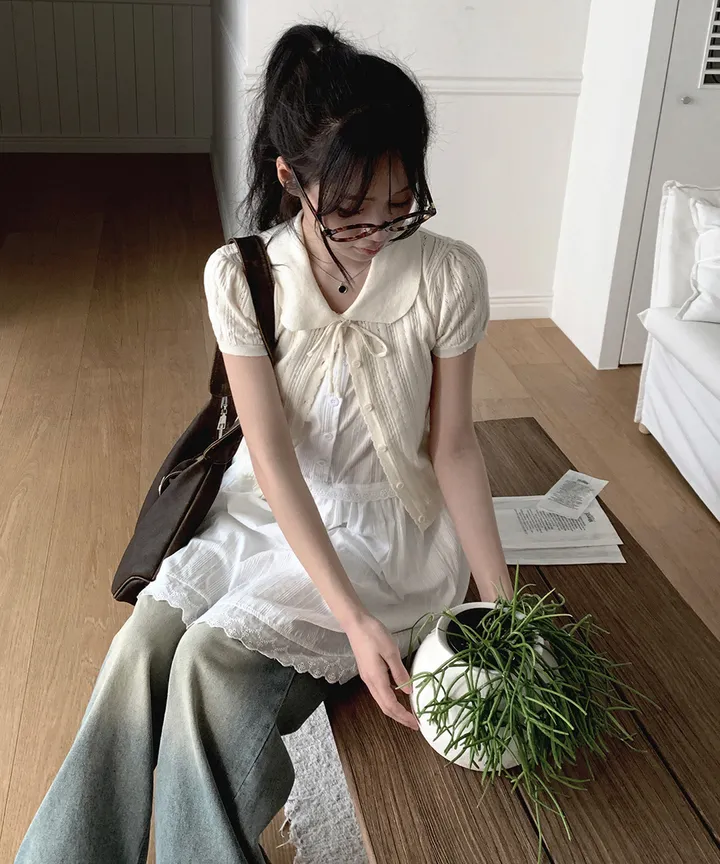 [러블리🌷반팔가디건] 게일 둥근 카라 리본 스트랩 크롭 반팔 가디건 봄 여름 가을 / 여름가디건 남방 크롭티 반팔티 흰티 이너티 아우터 뮤잉 상세 이미지 25