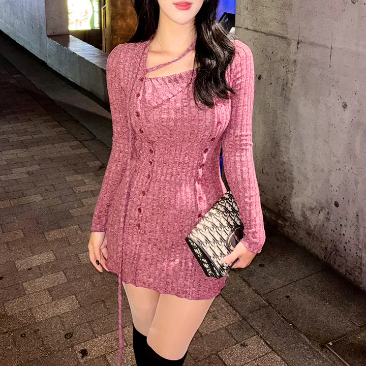 [허얇골넓♥/독보적분위기] 플럼 퍼플 스퀘어넥 초커 니트 미니원피스 상세 이미지 4