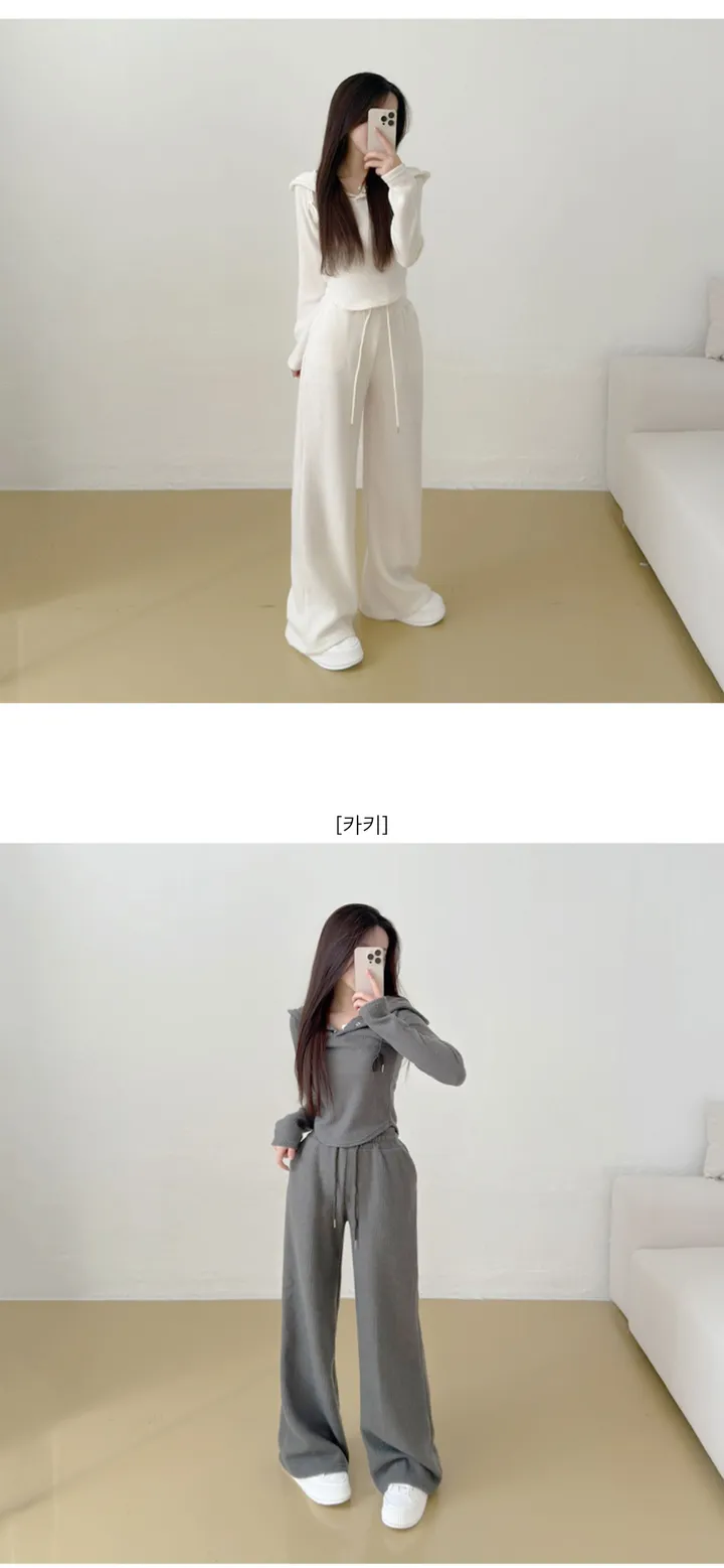 (부분당일🚀) 기모ver. [포근해요☁️/날씬핏set] 허리잘록 니트 트레이닝set, 밑단 굴림 스냅 버튼 크롭 후드 + 하이웨스트 밴딩 일자핏 와이드팬츠 겨울 (3color) 상세 이미지 13