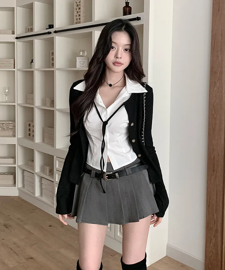 [반팔/긴팔❄일체형💗고퀄ver] 칠리 셔츠 가디건 일체형 레이어드 리본 슬림핏 긴팔 반팔 티셔츠 가디건 봄 겨울 가을 / 하객룩 출근룩 소개팅룩 데이트룩 클래식블랑 상세 이미지 2