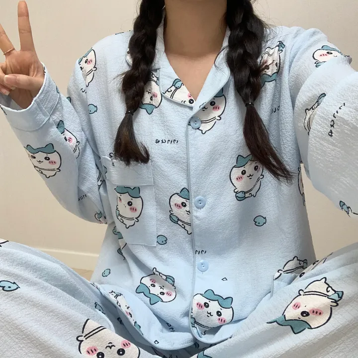 [🔥당일출고🔥/3컬러!] 먼작귀 치이카와 하치와레 우사기 생일선물 지지미 긴팔 긴바지 잠옷 파자마 홈웨어 세트 상세 이미지 8