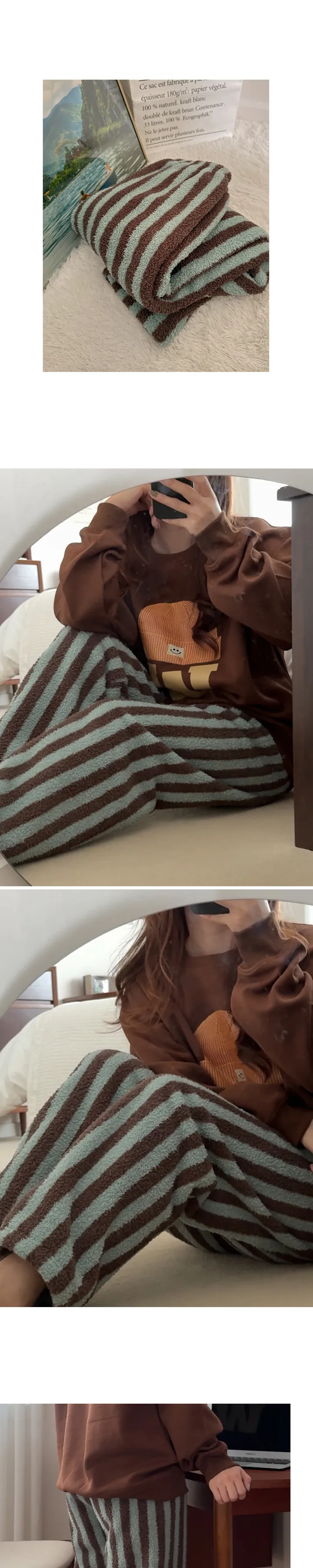 ❄️겨울신상👖 당일발송 버닌 스트라이프 무지 극세사 겨울 커플 긴바지 맨투맨 파자마 팬츠 세트 3color 상세 이미지 12