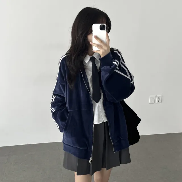 루즈핏 투웨이 지퍼 더블 라인 벨벳 스웨이드 후리스 댄스 트랙탑 져지(4color) 상세 이미지 29