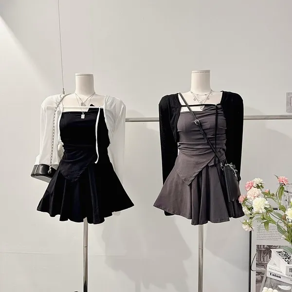 ❤️최저가❤️ *3pc [세트가격!/하이틴!] 펜시 스트랩 셔링나시 언발 사선 튜브탑 크롭나시 긴팔 크롭가디건 니트가디건 볼레로가디건 밴딩 A라인 플레어 미니스커트 여름투피스 세트 상세 이미지 16