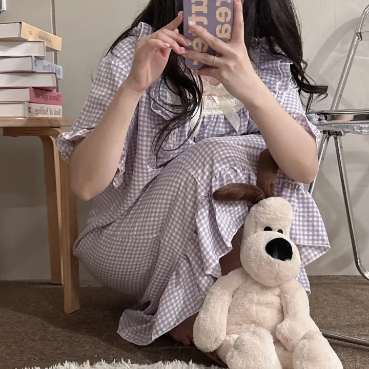 [당일출고/3컬러] 루즈핏 귀여운 스몰 체크 오버핏 반팔 원피스 파자마 잠옷_반팔ops_ver 상세 이미지 16