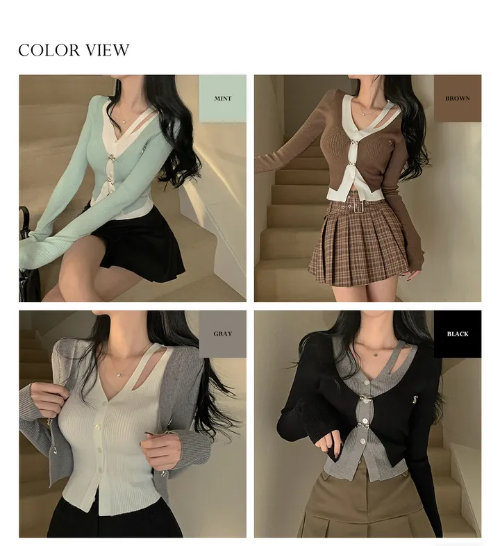 [일체형!/4color] 골지 레이어드 배색 언발 트임 고리 후크 버클 크롭 니트 가디건 상세 이미지 4