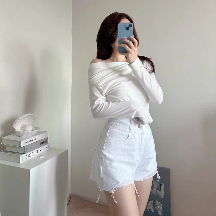 밑단u![군살커버여유핏/살짝오프숄더-]가슴안감으로 비침없는, 드레이핑 셔링 밑단 라운드 굴림 언발 쫀득 고퀄 분위기 여신 긴팔 크롭 루즈핏 티셔츠 (4col):리틀페어리 상세 이미지 10