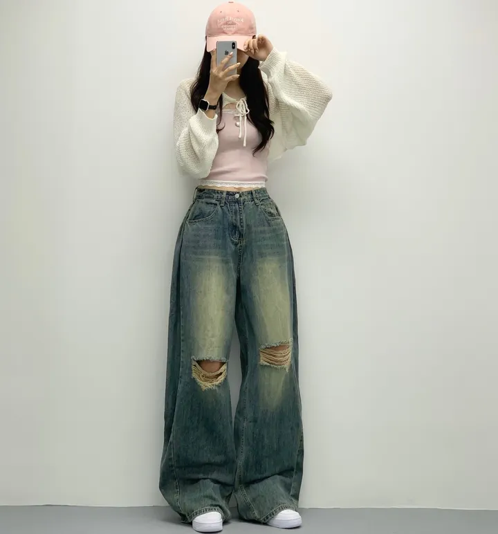 당일🚀[숏,롱/~XL/찐인생바지] 슬릿 찢청 폴딩 빈티지워싱 벌룬핏 옆핀턱 와이드팬츠 무릎트임 데님 청바지 기장선택 빅사이즈까지 오버핏팬츠 여름청바지 상세 이미지 22