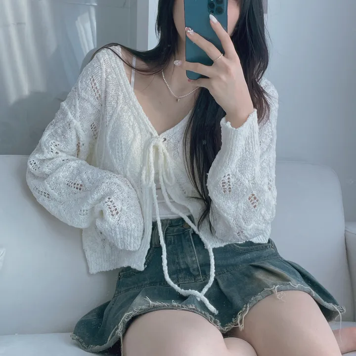 [주문폭주🤍/그물템💕/끈제거가능!] 베일리 그물 니트 리본 가디건 상세 이미지 10