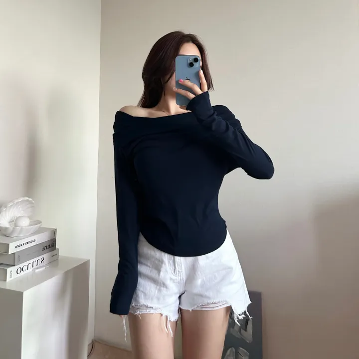 밑단u![군살커버여유핏/살짝오프숄더-]가슴안감으로 비침없는, 드레이핑 셔링 밑단 라운드 굴림 언발 쫀득 고퀄 분위기 여신 긴팔 크롭 루즈핏 티셔츠 (4col):리틀페어리 상세 이미지 12