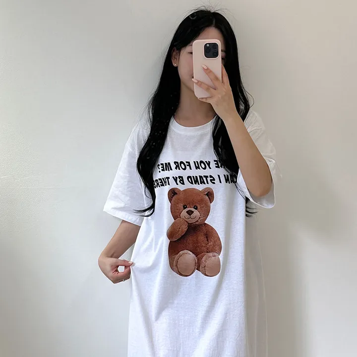 [국내/부드러운] 베어🐻 프린팅 반팔 롱 원피스 - 4color 상세 이미지 16