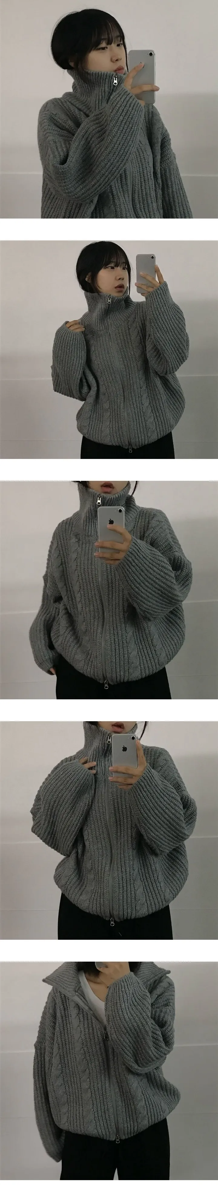 *당일출고*(왕도톰/루즈핏)모에 폭닥 꽈배기 하이넥 투웨이 니트집업 - 5color 상세 이미지 9