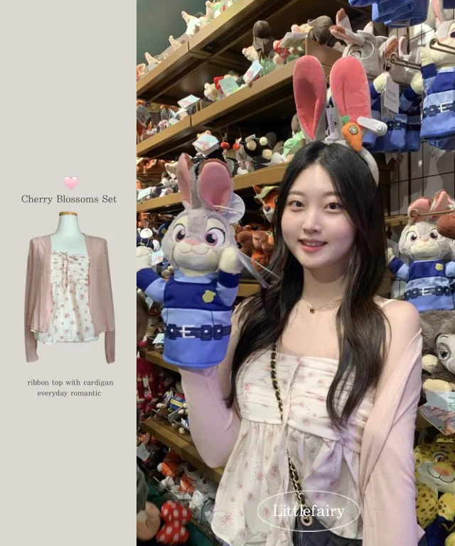 SET💘[인간벚꽃🌸/군살커버핏-]플라워 패턴 밴딩 끈나시 리본 프릴 쉬폰 크롭 뷔스티에 + 살탐방지 긴팔 루즈핏 여리 가디건 세트 (3col):리틀페어리 상세 이미지 6