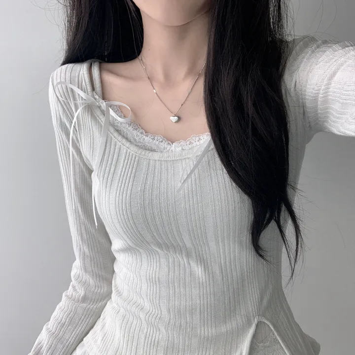 [은은한펄/러블리] 트윙클 골지 슬릿 펄 긴팔 티셔츠+레이스 리본 나시&슈아 밴딩 캉캉 미니 스커트 투피스 쓰리피스 코디세트 단품 세트 상세 이미지 20