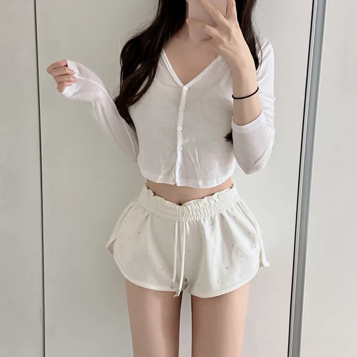 얄포롬🩷*슥걸치는/군살커버* 밀크 텐셀 굴림 크롭 브이넥 버튼 가디건/ 여름상의 얇은긴팔티 여친룩 필라테스 요가 햇빛가리개 대학생 여친룩 상세 이미지 11