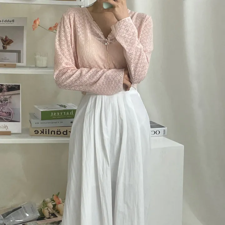 [1+1할인/여리핏/비치웨어] 여름 시스루 펀칭 레이스 프릴 투버튼 브이넥 긴팔 숏 크롭 가디건 (4color) 상세 이미지 52