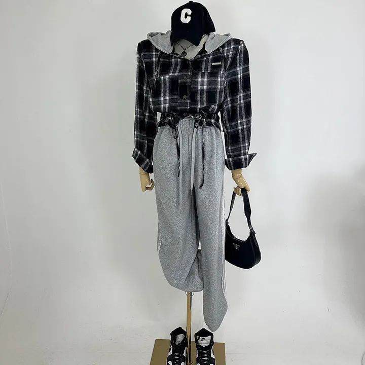 [패드내장/데일리/캐주얼/코디추천템] 크롭 체크 후드 배색 패치 스트링 셔츠 남방 상세 이미지 13